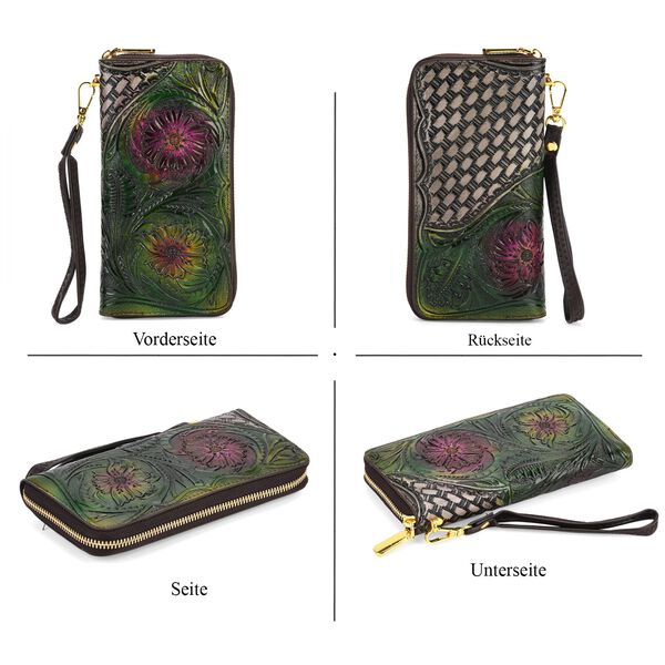 PU-Brieftasche mit geprägtem Blumenmuster, 19x2,5x10cm, Grün image number 4