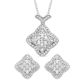 2er Set, Weiße Zirkonia Halskette und Ohrringe, Messing, silberfarben