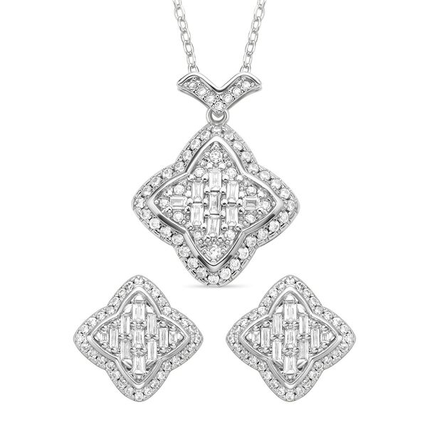 2er Set, Wei&szlig;e Zirkonia Halskette und Ohrringe, Messing, silberfarben