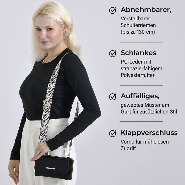 Crossbody-Tasche mit Klappfach, gemustertem Trageriemen und RFID-Schutz - 19x5x11 cm, Schwarz image number 3