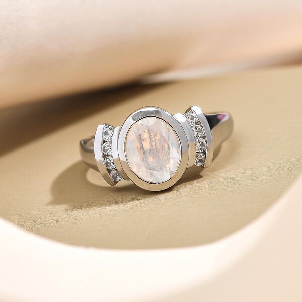 Premium Regenbogen Mondstein und wei&szlig;er Zirkon-Ring, 925 Silber platiniert  ca. 2,00 ct image number 2