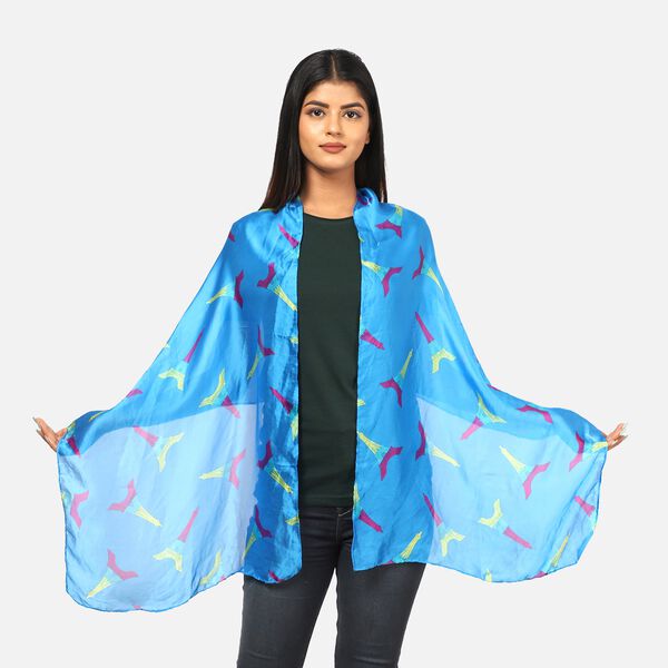 100 % nat&uuml;rlicher Satin Seiden Schal, 165x50 cm, Eiffelturm Muster, Blau