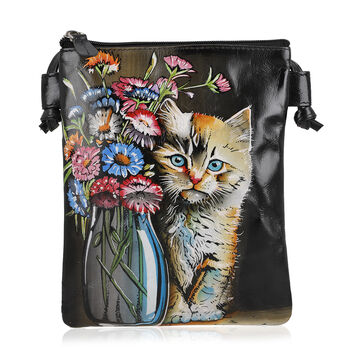 VIVID by SUKRITI Handbemalte Umh&auml;ngetasche aus echtem Leder, Schwarz, 15,75x19,80cm, Zwei Katzen