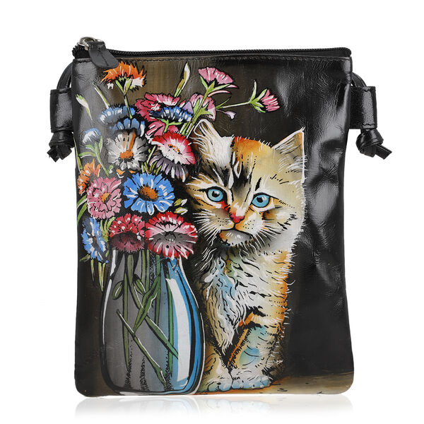 VIVID by SUKRITI Handbemalte Umh&auml;ngetasche aus echtem Leder, Schwarz, 15,75x19,80cm, Zwei Katzen