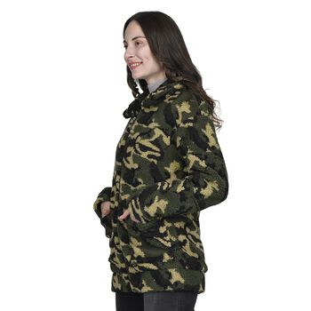 TAMSY - Kunstfell Jacke mit vorderem Rei&szlig;verschluss, Leopardenmuster, Gr&ouml;&szlig;e XL 117x78x60 cm, Tarnfarbe