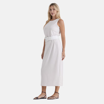 LA MAREY langes Strickkleid mit Stretchg&uuml;rtel, Einheitsgr&ouml;&szlig;e, passend f&uuml;r EU 36 bis 42, L&auml;nge 132 cm, Wei&szlig;