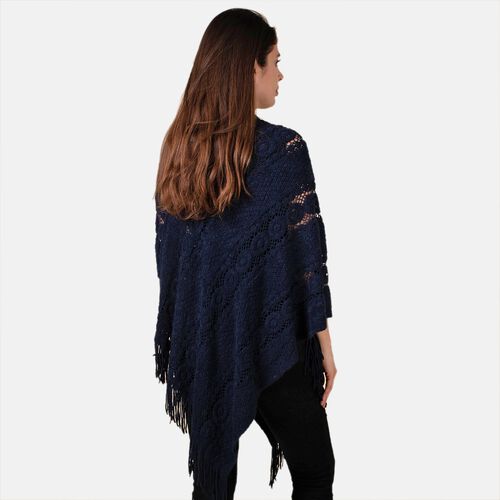 TAMSY- Strick-Poncho mit Perlen, Blau image number 1