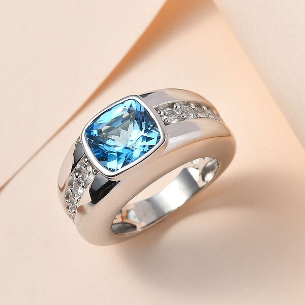 AA Elektrischer Blau Topas, weißer Zirkon Ring, 925 Silber platiniert (Größe 16.00) ca. 4.74 ct image number 2