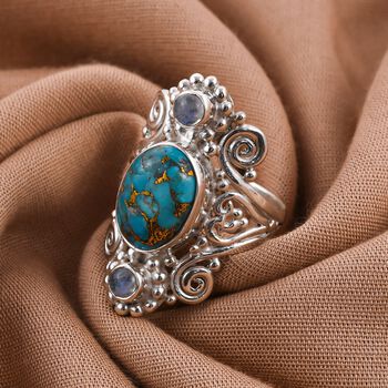 Sajen Silver - Blauer Mojave T&uuml;rkis und Regenbogen Mondstein-Ring - 5,72 ct.