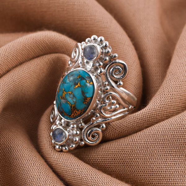 Sajen Silver - Blauer Mojave T&uuml;rkis und Regenbogen Mondstein-Ring - 5,72 ct. image number 1
