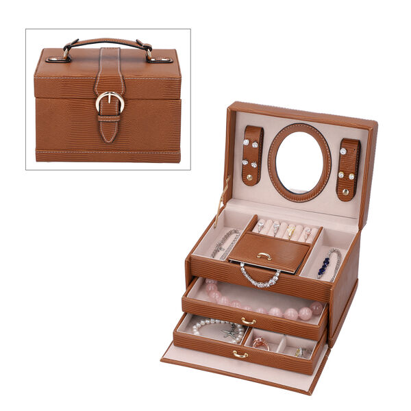 3-lagiger Schmuckkasten mit Schlangenhautmuster und Griff, Gr&ouml;&szlig;e 22x16x14 cm, Braun image number 0