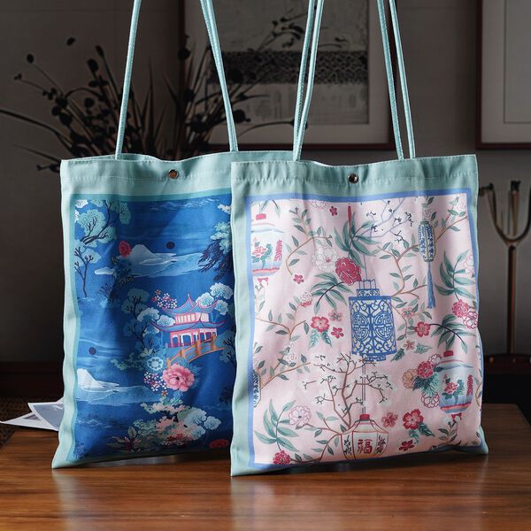 2er-Set Einkaufstaschen mit k&uuml;nstlerischem Muster, 34x40 cm, Hellgr&uuml;n image number 2