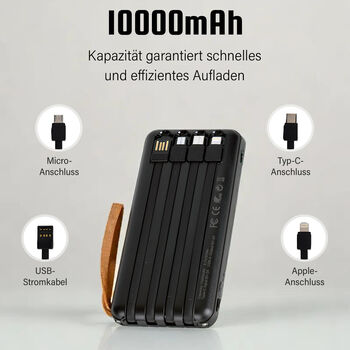 10.000mAh Solar Powerbank, multifunktional mit integrierten Kabeln und LED-Digitalanzeige, schwarz