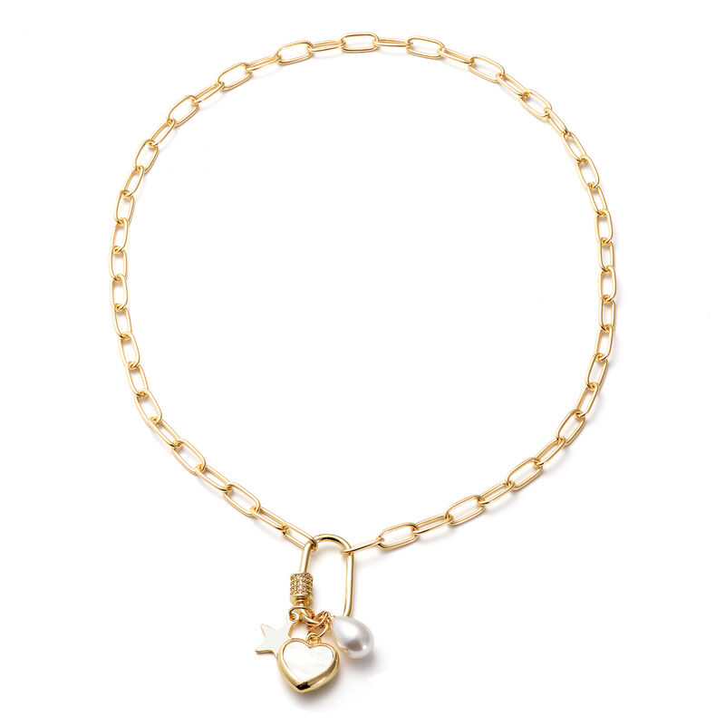 Kunststoff-Perlen- und weiße Kristall-Halskette, ca. 52 cm, goldfarben image number 0