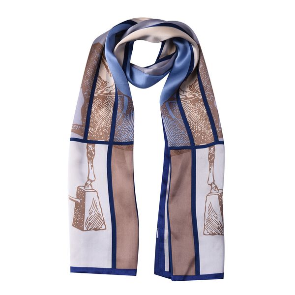 LA MAREY: Bedruckter Schal aus 100% Maulbeerseide, Streifenmuster und Pferd, inkl. Geschenkbox, Blau-Braun&nbsp; image number 3