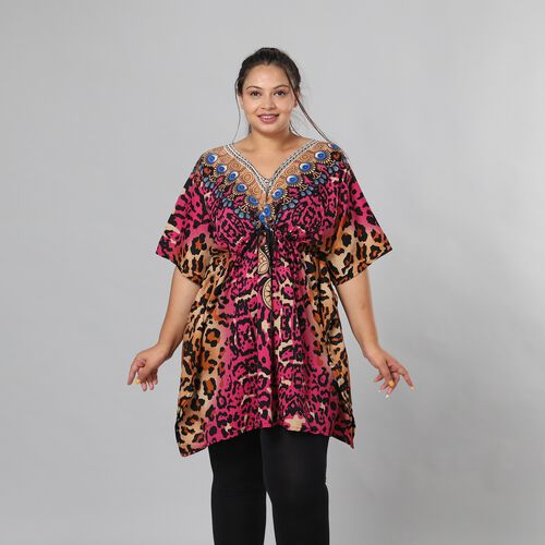 V-Ausschnitt bedruckter Kaftan, Einheitsgröße Rosa image number 0