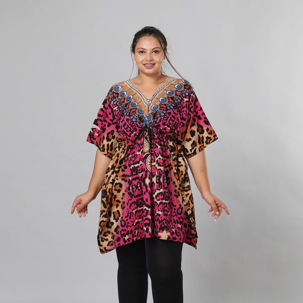 V-Ausschnitt bedruckter Kaftan, Einheitsgröße Rosa image number 0