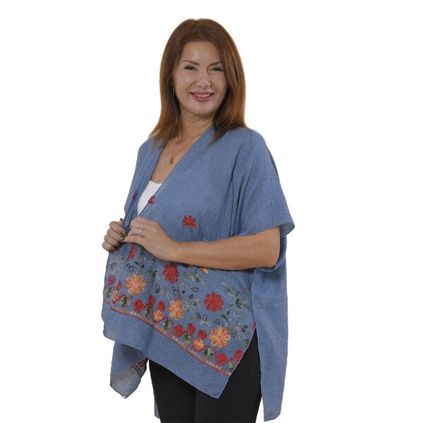 TAMSY- bestickter Kimono mit Blumenmuster, One Size, Blau image number 3