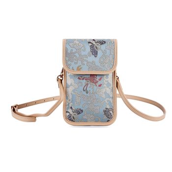 LA MAREY Brokat Handy Umh&auml;ngetasche aus Seide und Echtleder, 12x19x3cm, Hellblau