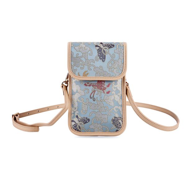 LA MAREY Brokat Handy Umh&auml;ngetasche aus Seide und Echtleder, 12x19x3cm, Hellblau