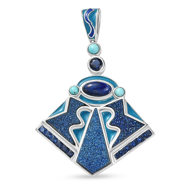 Sajen Silber - Blauer Drusy Quarz, Lapislazuli, Türkis Anhänger 925 Silber rhodiniert ca. 4.40 ct image number 0