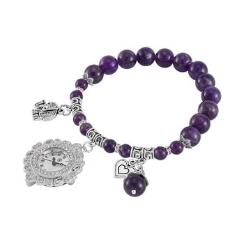 STRADA - Japanisches Uhrwerk, Afrikanischer Amethyst, Wei&szlig;er Kristall Flexible Uhr 18.5 cm 316L Edelstahl ca. 25.30 ct