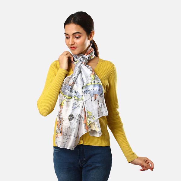 100% nat&uuml;rlicher Satin Seiden Schal, Weltkarte Muster, Wei&szlig; image number 3