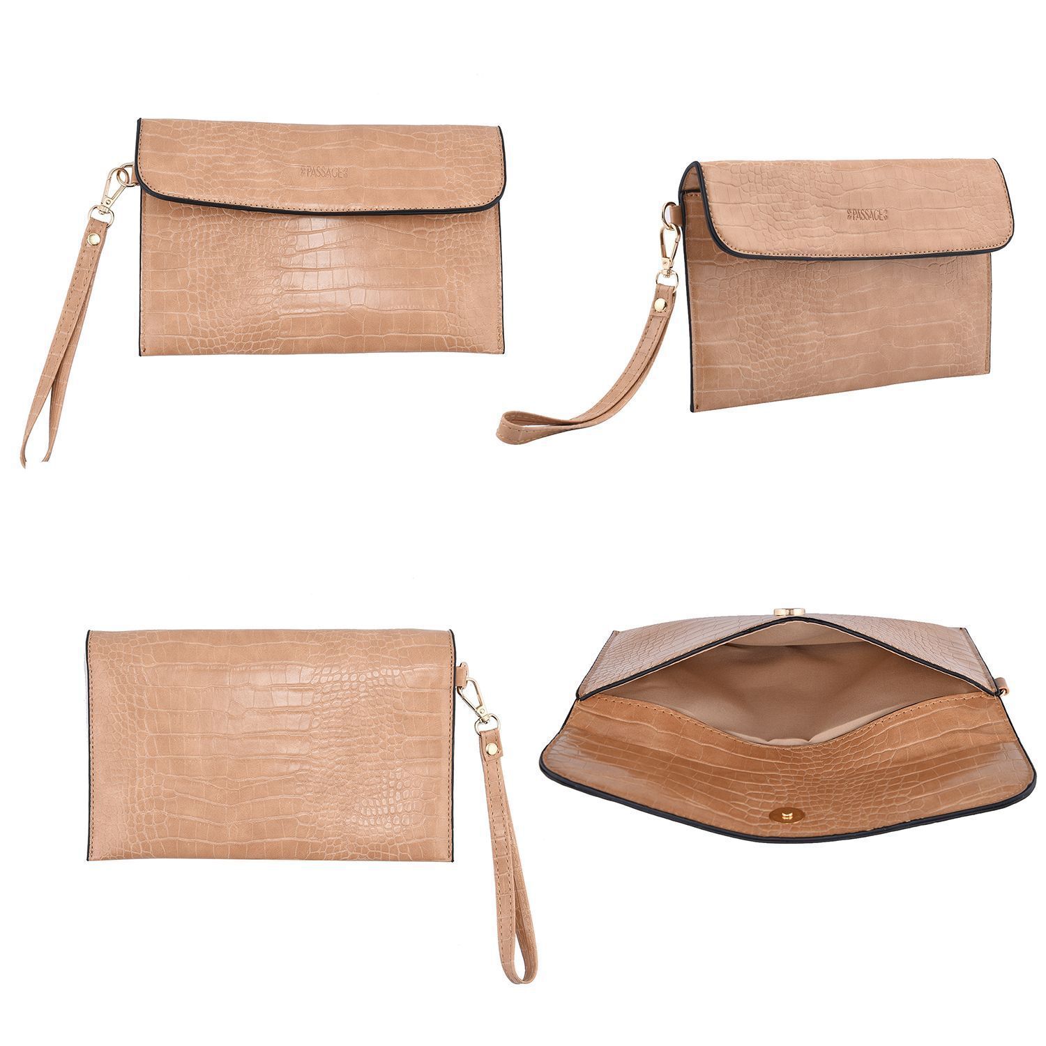 Passage 4er Set Handtaschen mit Krokodilpragung enthalt Schultertasche Cross Body Bag Clutch Bag und Portemonnaie Beige
