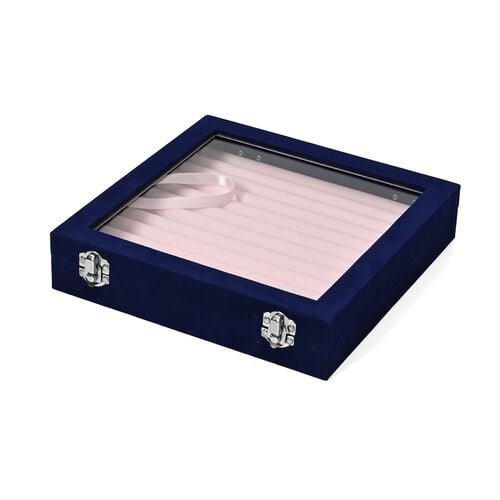 Quadratische Ringbox aus Samt mit Glasfenster und 10 Silberputztüchern, mit Sicherheitsverschluss, 24x24x5 cm, Dunkelblau image number 1