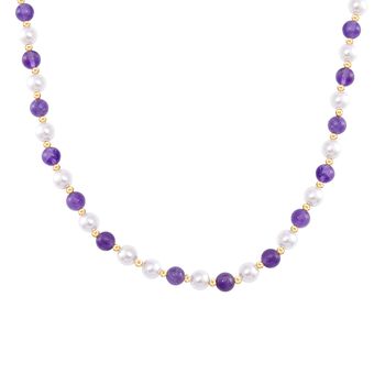 Afrikanischer Amethyst, Wei&szlig;e Muschelkernperle (7-9 mm) Halskette ca. 45 cm+ 5 cm Extender, gelb vergoldet