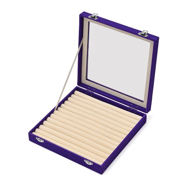 Quadratische Ringbox aus Samt mit Glasfenster und 10 Silberputztüchern, 24x24x5 cm, Violett image number 4