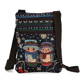 Crossbody-Tasche mit Eulenmotiv, 3 Reißverschlussfächer, verstellbarer Schultergurt (ca. 120 cm), 21x28 cm, Mehrfarbig