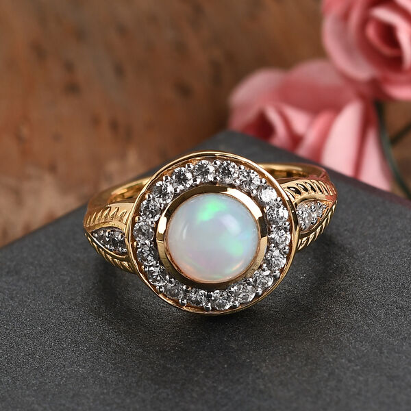 Nat&uuml;rlicher &Auml;thiopischer Opal und Zirkon Ring 925 Silber 585 Vergoldet image number 2