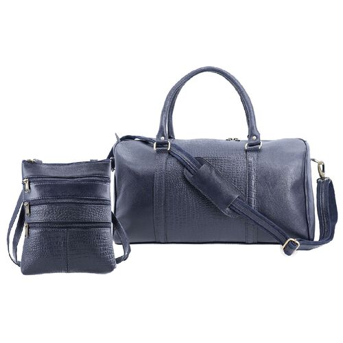 "Set of 2 -100% Genuine Leather croco embossed luggage Duffle with croco embossed crossbody bag  SIZE : Duffle 44(L)x20.32(W)x22.86(H) CM Sling bag size: 20.32(L)x3.82(W)x24.13(H) COLOR: Navy" image number 0