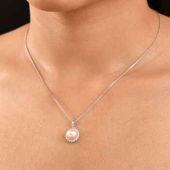 Pfirsich-S&uuml;&szlig;wasser Perle (8.5-9 mm), Wei&szlig;er Zirkon Schmuckset ca. 50 cm 925 Silber rhodiniert