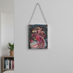 Handbemalter Glas Suncatcher mit Kette, silberfarbenem Rahmen, Alphonse Mucha Motiv Art-Deko, 12x15 cm