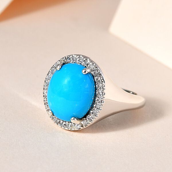 Amerikanischer nat&uuml;rlicher Sleeping Beauty T&uuml;rkis, wei&szlig;er Zirkon Ring, 925 Silber platiniert (Gr&ouml;&szlig;e 18.00) ca. 4.53 ct image number 1