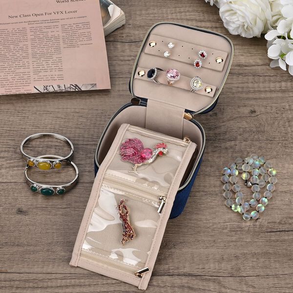 Samt-Schmuckbox mit 4 transparenten Schmuckbeuteln, 12x12x7 cm, Dunkelblau image number 2