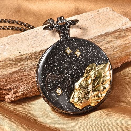 STRADA Taschenuhr mit Wolfmotiv, Japanisches Quarzwerk, Schwarzplattierung, inkl. 78,7?cm Kette image number 1