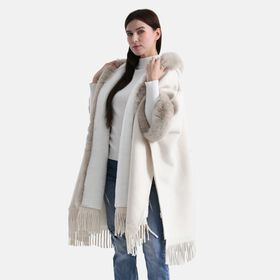 LA MAREY - Poncho aus Webpelz mit Fransen und Fleecefutter, Einheitsgröße, Beige