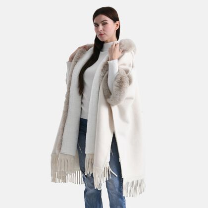 LA MAREY - Poncho aus Webpelz mit Fransen und Fleecefutter, Einheitsgr&ouml;&szlig;e, Beige