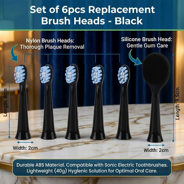 Ersatz-B&uuml;rstenk&ouml;pfe Set 6-teilig mit 5 Nylon-B&uuml;rsten und Silikon-Zungenreiniger kompatibel mit elektrischer Zahnb&uuml;rste gewellte Borstenstruktur f&uuml;r gr&uuml;ndliche Reinigung ABS Kunststoff, Schwarz image number 4