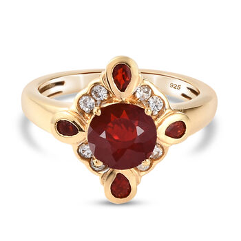 Mexikanischer Kirschfeuer-Opal und Zirkon Ring 925 Silber vergoldet (Gr&ouml;&szlig;e 19.00)