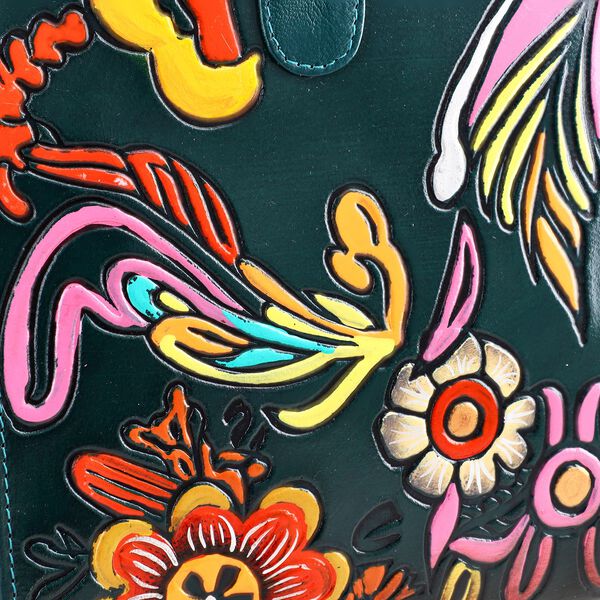 Handbemalte Satchel-Tasche aus 100% Echtleder mit kunstvoller Pr&auml;gung und Blumen-Design, 31x10x23cm, Gr&uuml;n image number 10