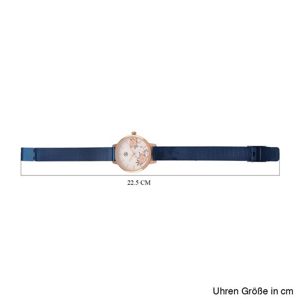 STRADA Uhr mit Japanischem PC21S Werk, Edelstahl-Mesharmband Blau, Gehäuse Roségoldfarben, florales Zifferblatt Weiß mit Weißem Kristall image number 7