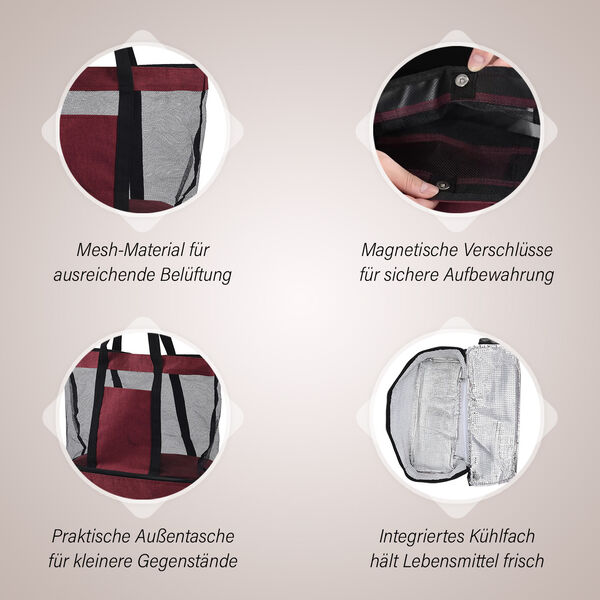 Zweist&ouml;ckige Netz-Einkaufstasche mit K&uuml;hlfach, 37x15x42cm, weinrot image number 3