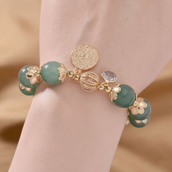 Gr&uuml;ner Aventurin, Wei&szlig;er Kristall flexibles Charm-Armband, vergoldet image number 2