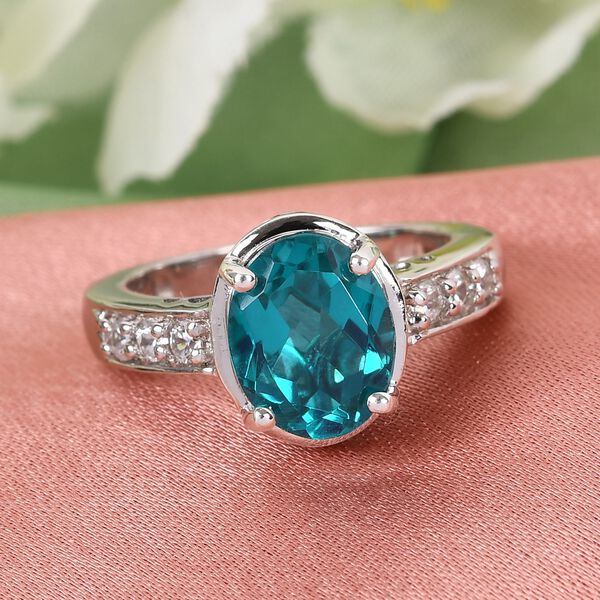 Capri Blau Triplett Quarz und Zirkon Ring 925 Silber Platin-&Uuml;berzug image number 2