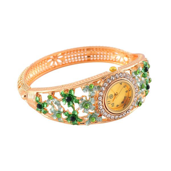 STRADA Blumenzauber Bangleuhr mit PC21S Japanischem Uhrwerk, weißen Kristallen und reinem Edelstahl, Neongrün image number 5