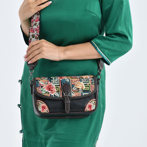 Bestickte Crossbody Tasche, Blumen Design, 22x8x16cm, Schwarz image number 4